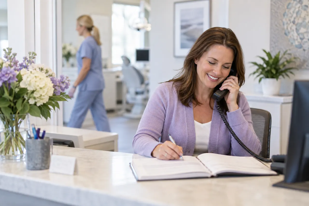 Dental office front desk phone ringing next to a tidy appointment book and a vase of flowers