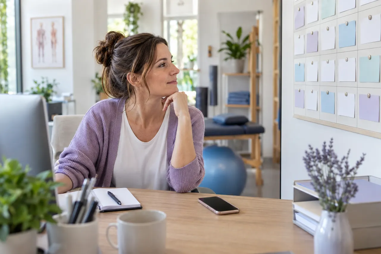 Clinic manager looking at a wall calendar filling with appointments