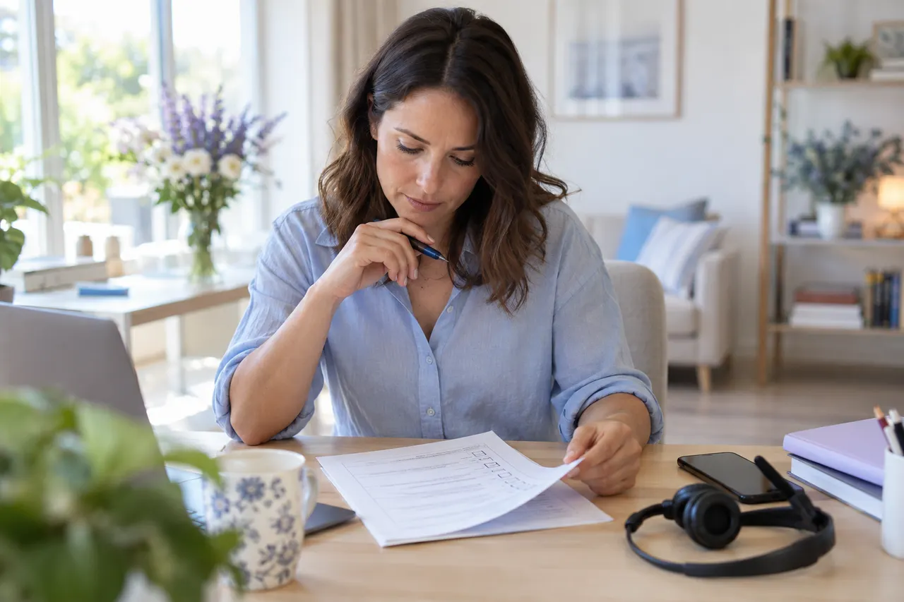 Agency owner reviewing a printed compliance checklist beside a phone and headset