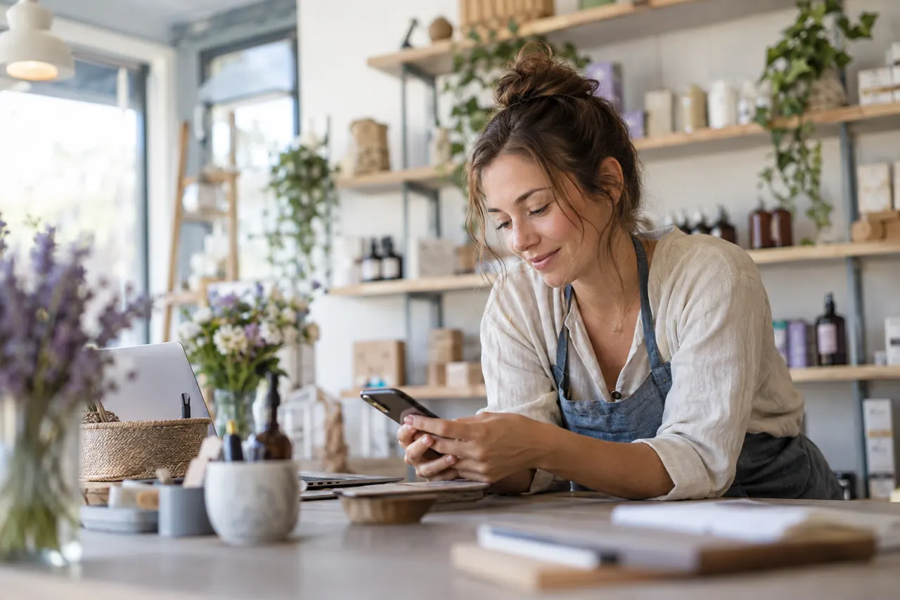 Small business owner replying to customer messages on a phone while sitting at a shop counter