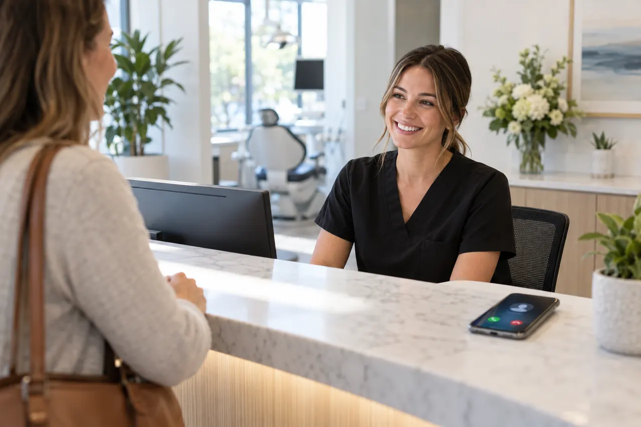 Dental clinic receptionist greeting a patient while a phone on the desk takes an incoming call