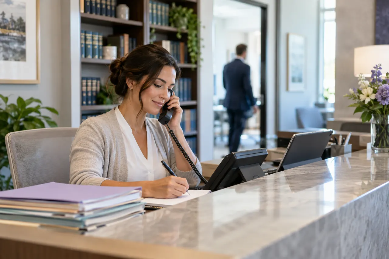 Law firm reception area with a phone on the desk and a scheduling tablet beside a stack of client files
