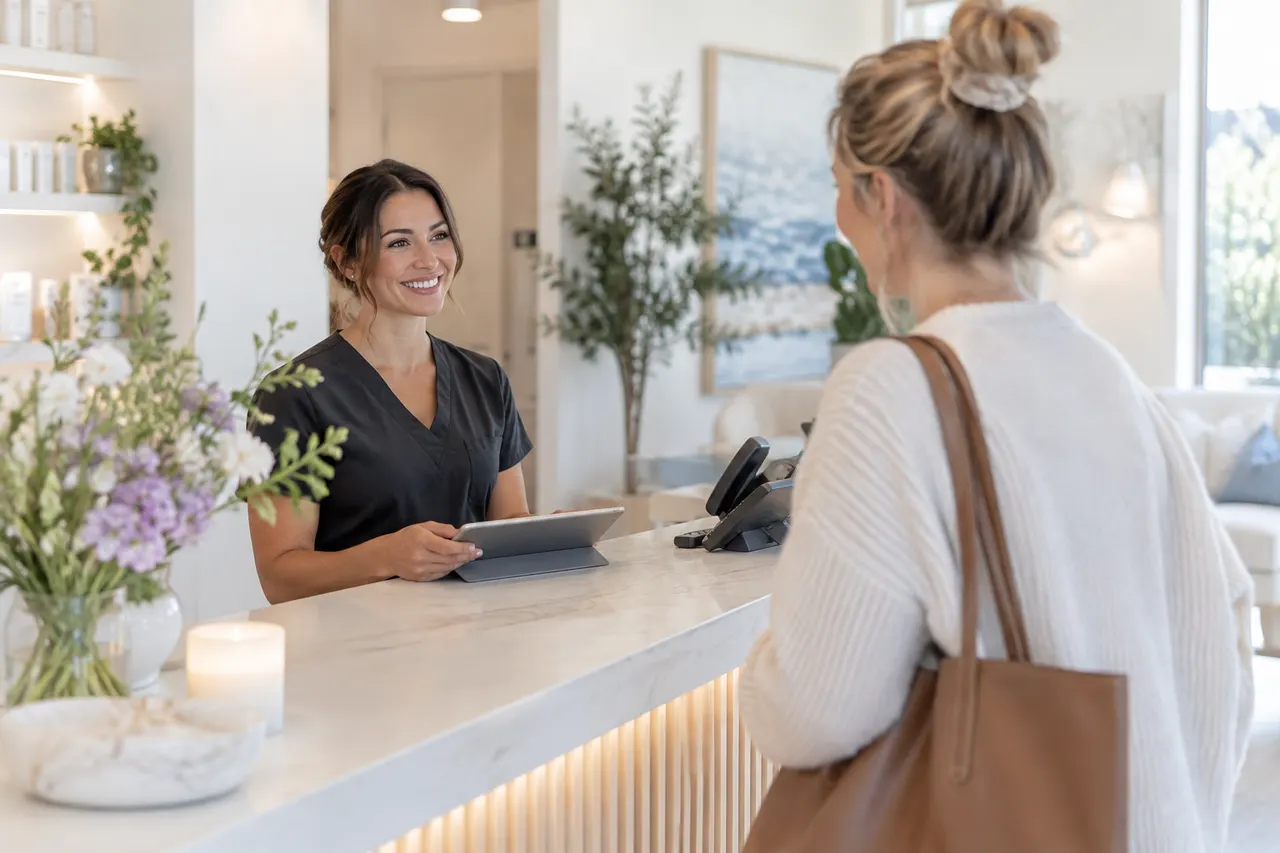 Med spa reception desk with soft lighting and a phone ringing beside an appointment tablet