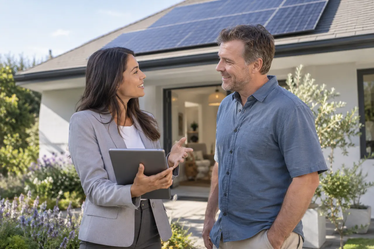 Solar sales rep reviewing a booked appointment on a tablet in front of a house with rooftop panels