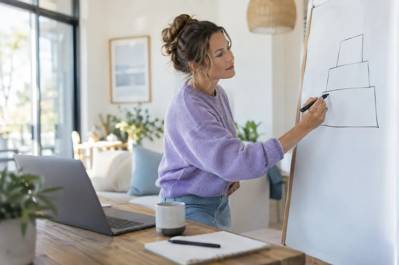 Agency owner sketching pricing tiers on a whiteboard with a laptop open beside them
