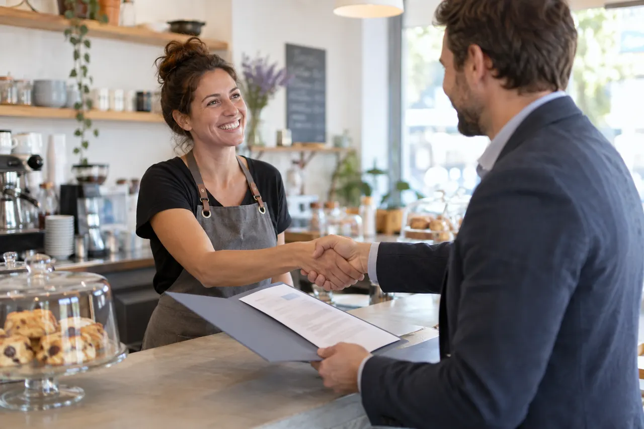 Agency owner handing an invoice to a smiling cafe owner across the counter