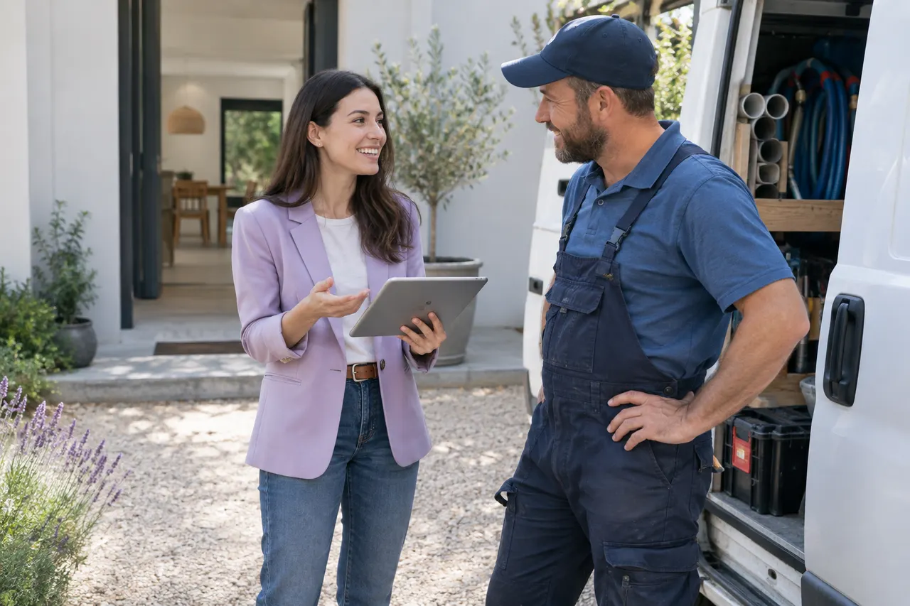 Consultant with a tablet talking with a plumber beside his van