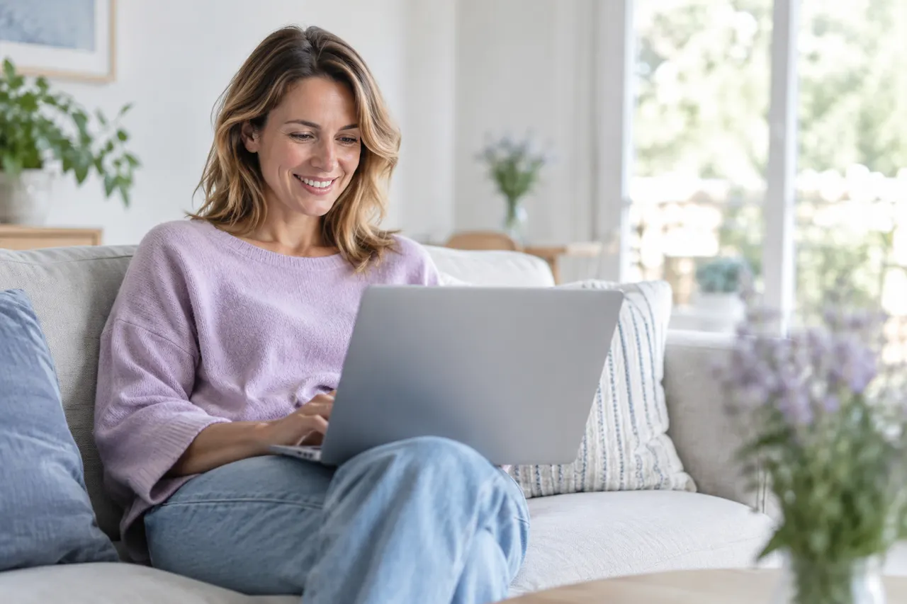 Business owner relaxed on a sofa using a laptop with no clutter