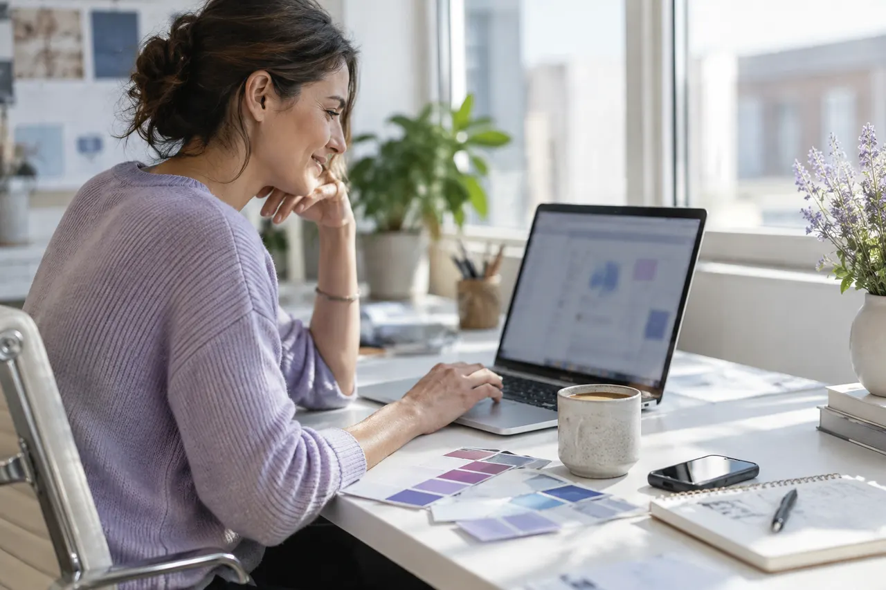 Agency owner customising a branded dashboard with their logo on a laptop in a bright office