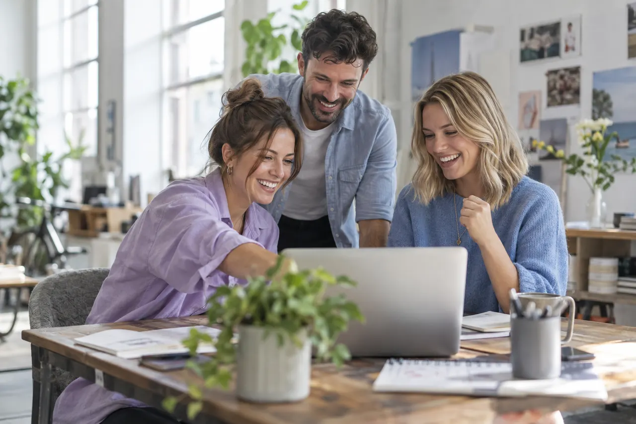 Agency team gathered around a laptop reviewing results together